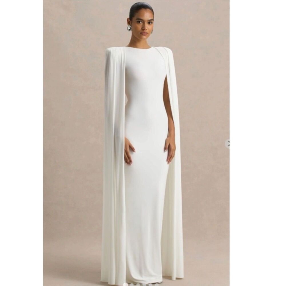 Club L. MIMI White Slashed Neck Maxi Dress 8 Cape Sleeve Cocktail Attire New